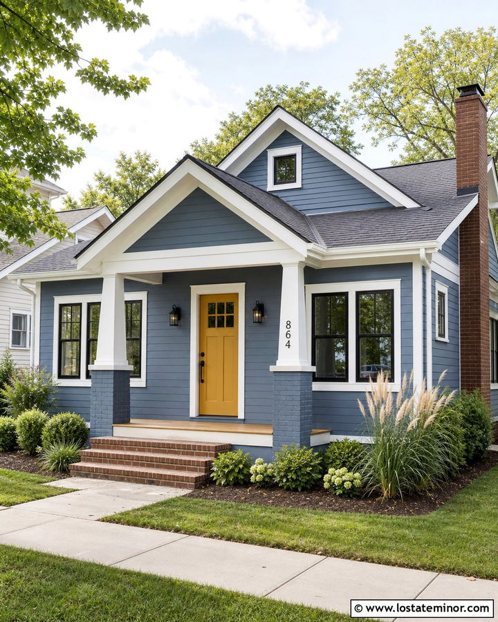Denim Blue House With Yellow Door And Black Numbers - 30 Denim Blue House Design With House Numbers Ideas