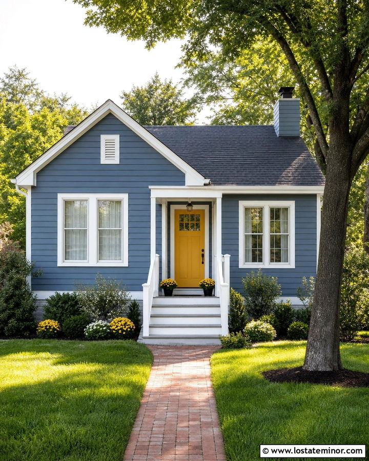 Denim Blue House With Yellow Door And Steps - 30 Denim Blue House Design With Steps Ideas