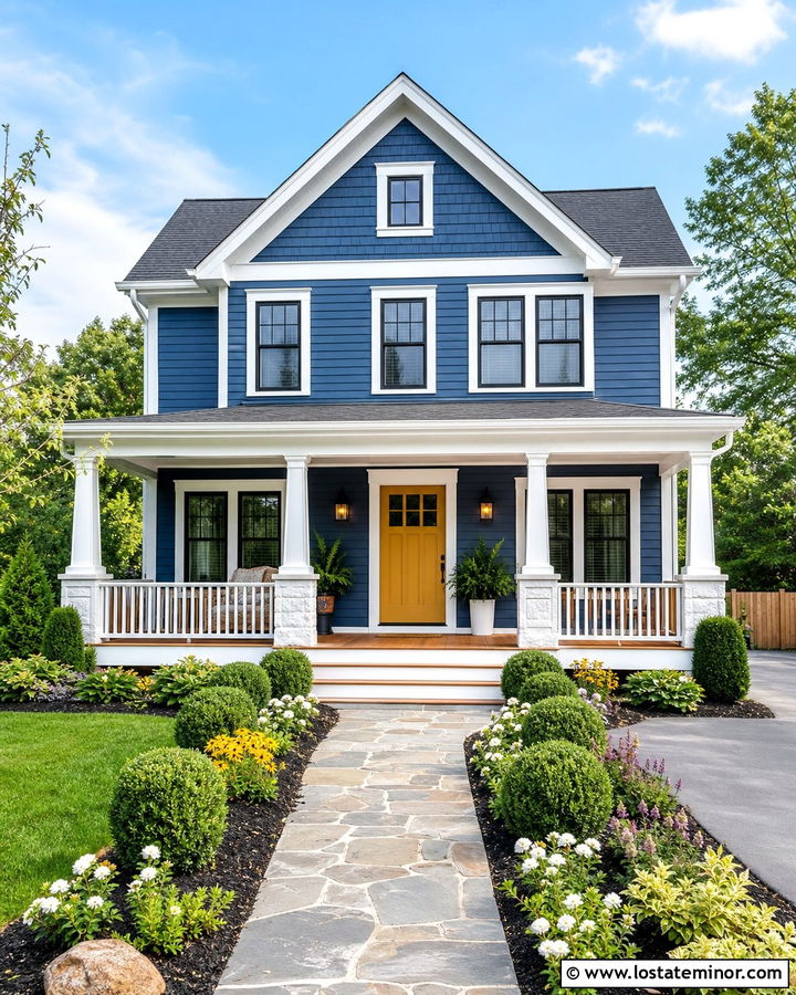 Denim Blue House With Yellow Door And White Columns - 30 Denim Blue House Design With Porch Columns Ideas