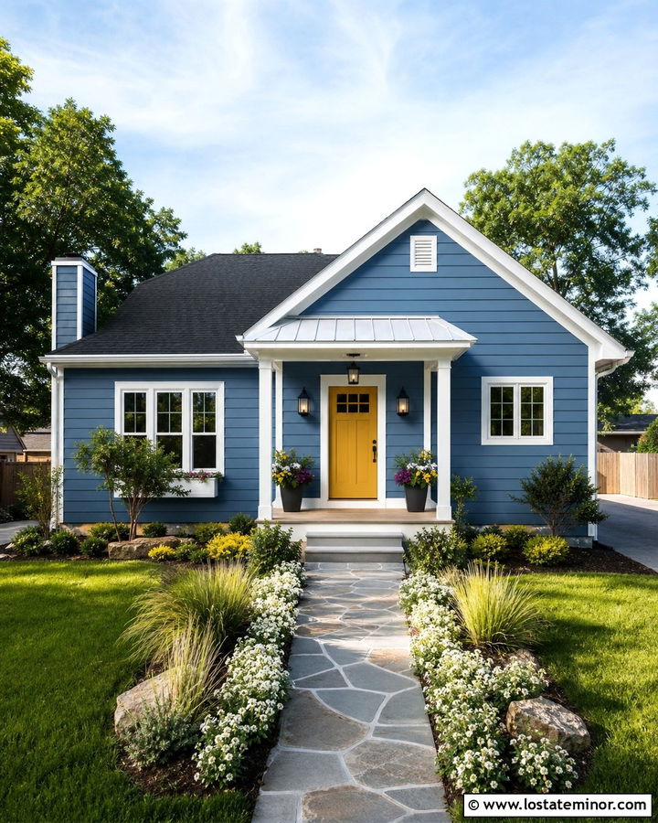 Denim Blue House With Yellow Door Awning - 30 Denim Blue House Design With Awning Ideas