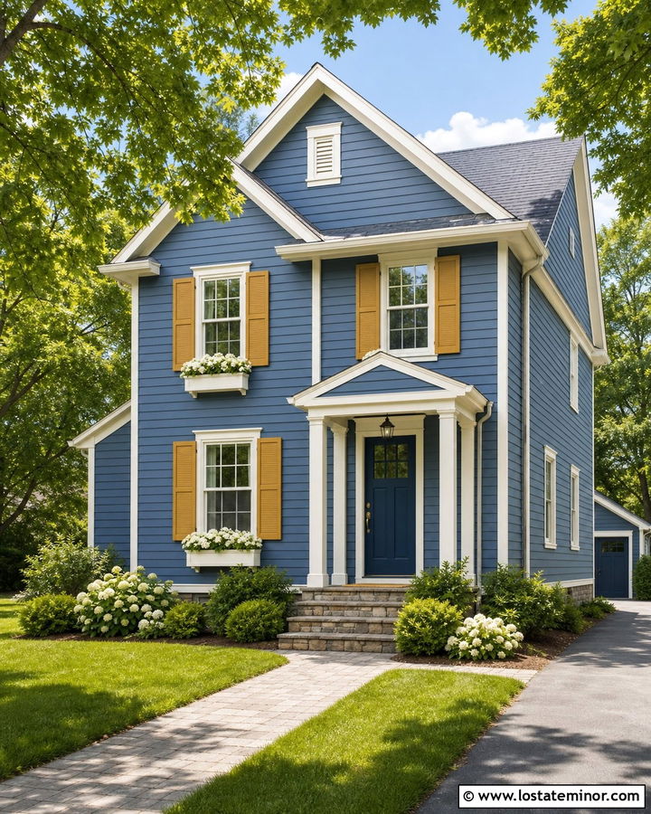 Denim Blue House With Yellow Shutters - 30 Denim Blue House Design With Shutters Ideas
