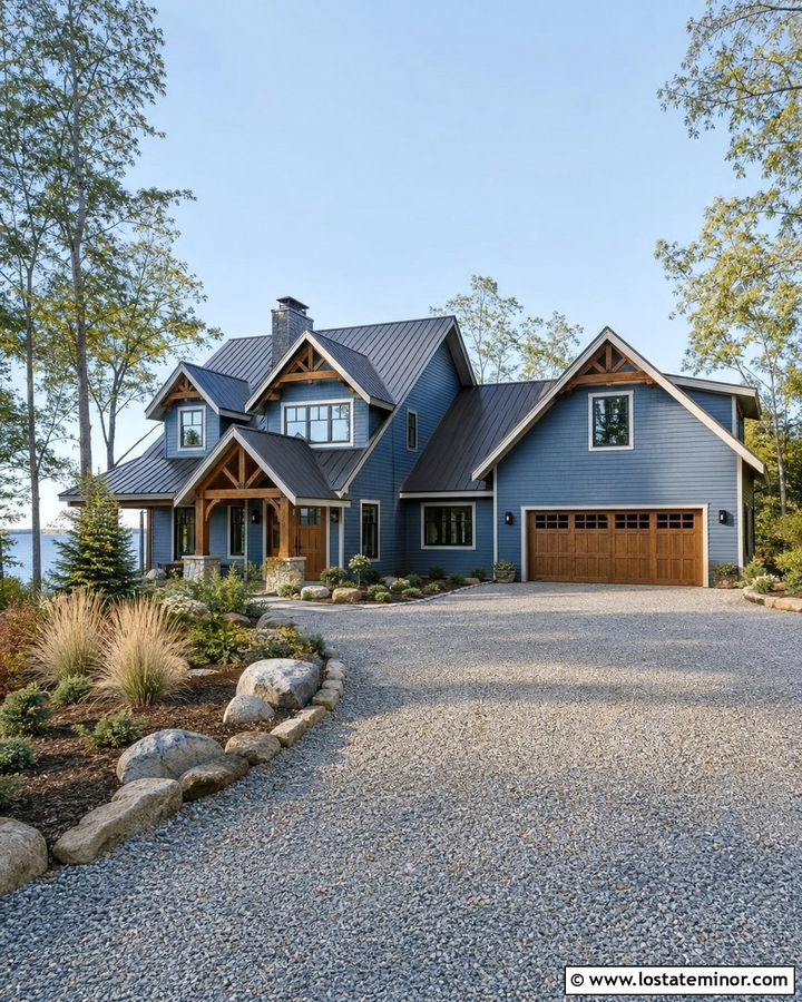 Denim Blue Lake House With Crushed Granite Driveway - 30 Denim Blue House Design With Driveway Ideas