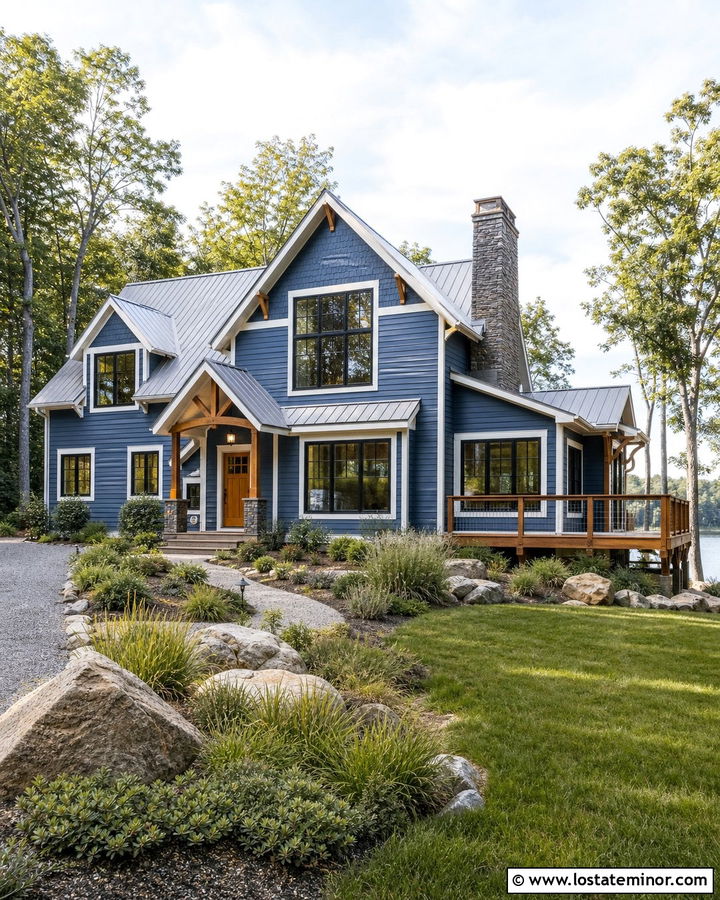 Denim Blue Lake House With Gables - 30 Denim Blue House Design With Gables Ideas