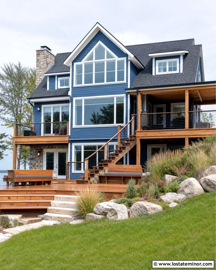 Denim Blue Lake House With Multi Level Deck - 30 Denim Blue House Design With Deck Ideas