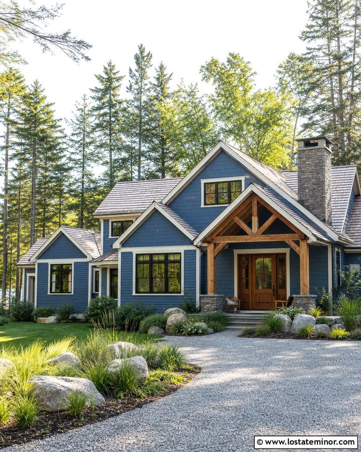 Denim Blue Lake House With Natural Cedar Shingles - 30 Denim Blue House Design With Shingles Ideas