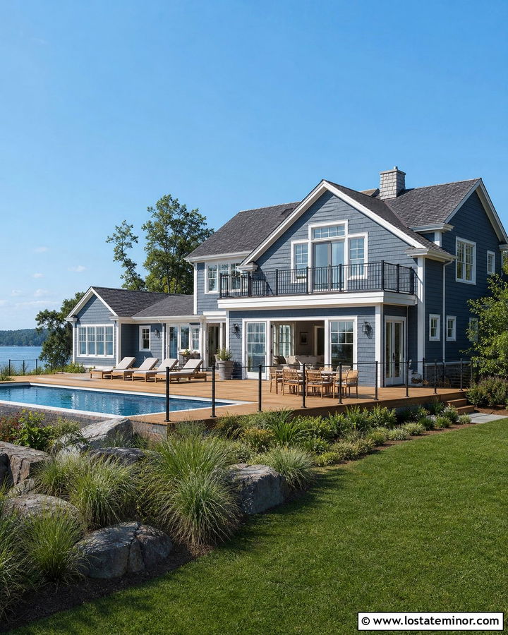 Denim Blue Lake House With Pool And Wood Deck - 30 Denim Blue House Design With Swimming Pool Ideas