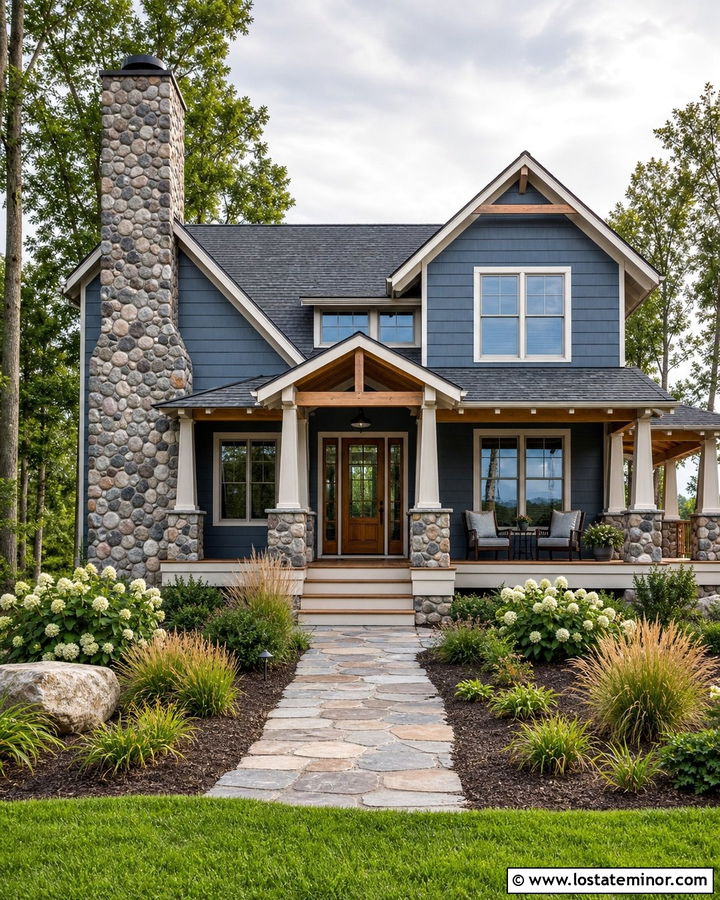 Denim Blue Lake House With River Rock Chimney - 30 Denim Blue House Design With Chimney Ideas