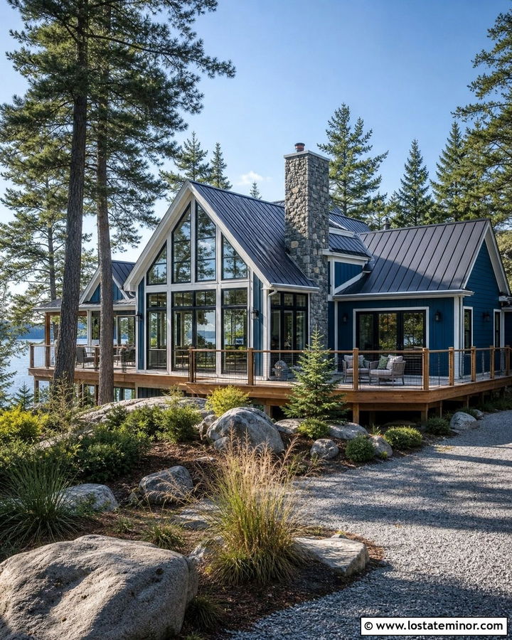 Denim Blue Lake House With Vaulted Sunroom - 30 Denim Blue House Design With Sunroom Ideas