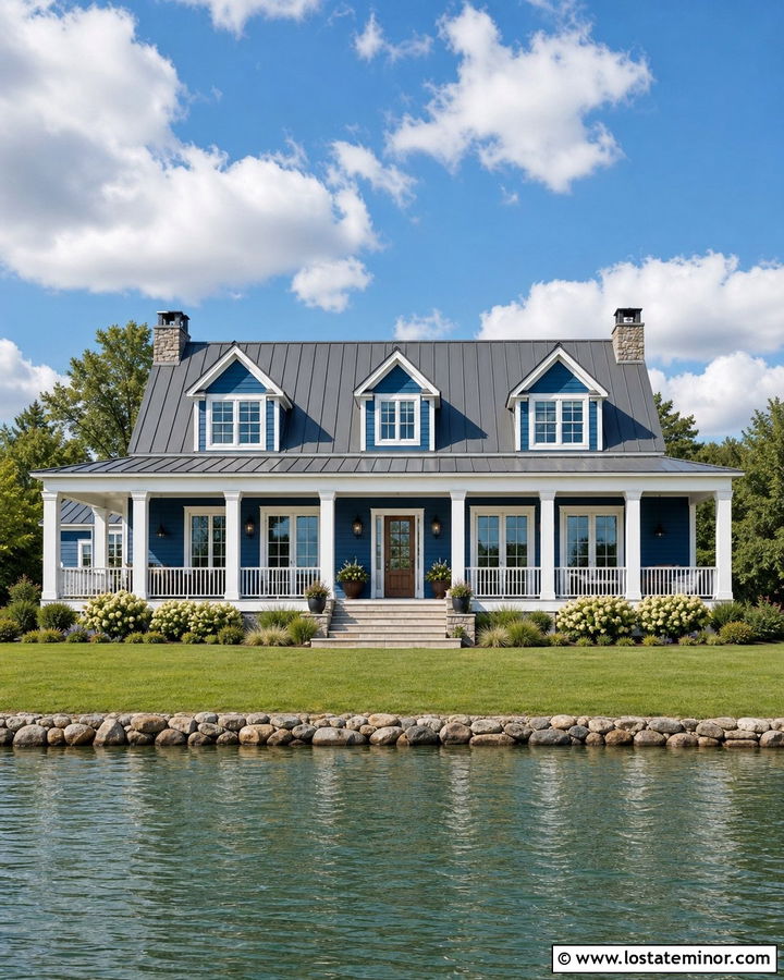 Denim Blue Lake House With White Porch Columns - 30 Denim Blue House Design With Porch Columns Ideas