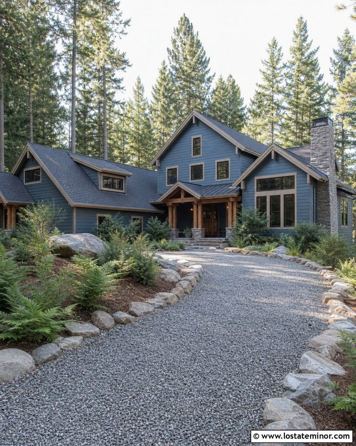Denim Blue Lodge House With Stone Edged Driveway - 30 Denim Blue House Design With Driveway Ideas