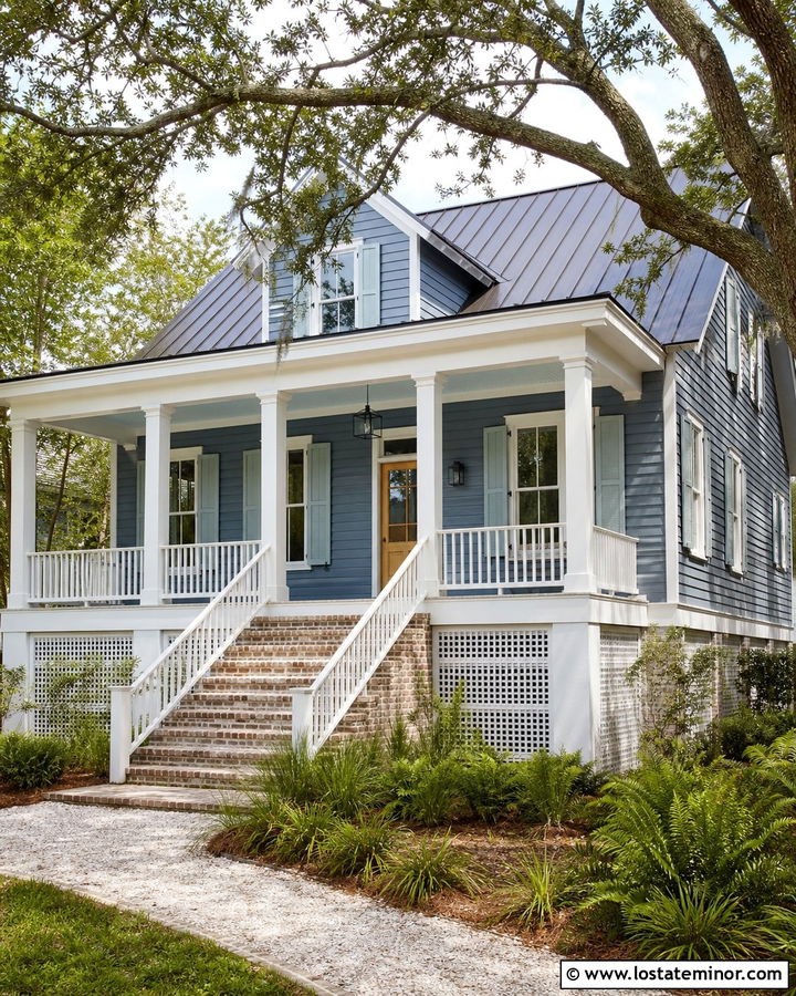 Denim Blue Low Country House With Wood Screen Door - 30 Denim Blue House Design With Screen Door Ideas
