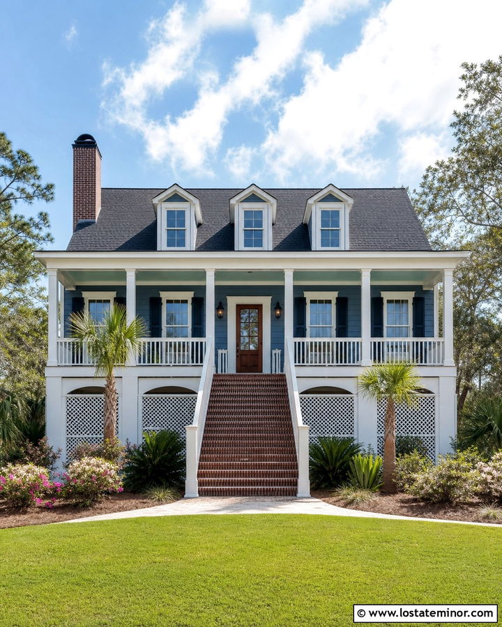 Denim Blue Lowcountry House With Brick Chimney - 30 Denim Blue House Design With Chimney Ideas