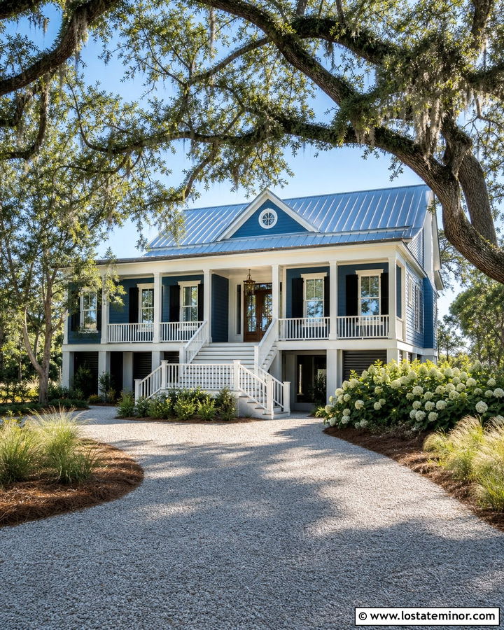 Denim Blue Lowcountry House With Oyster Shell Driveway - 30 Denim Blue House Design With Driveway Ideas