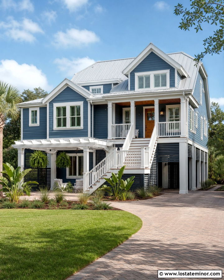 Denim Blue Lowcountry House With Raised Pergola - 30 Denim Blue House Design With Pergola Ideas