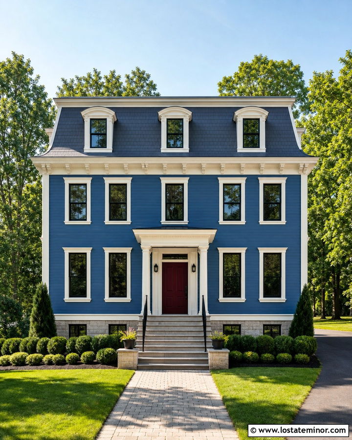 Denim Blue Mansard House With Window Dormers - 30 Denim Blue House Design With Dormers Ideas