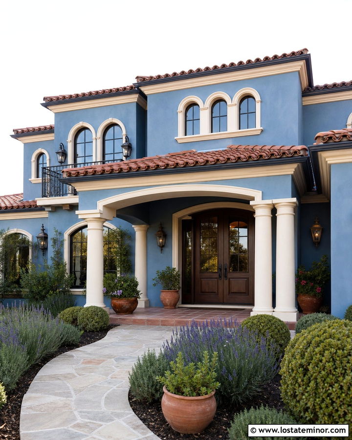 Denim Blue Mediterranean House With Cream Columns - 30 Denim Blue House Design With Porch Columns Ideas