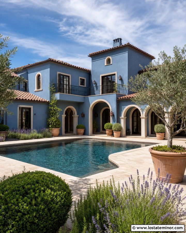 Denim Blue Mediterranean House With Terracotta Roof And Pool - 30 Denim Blue House Design With Swimming Pool Ideas