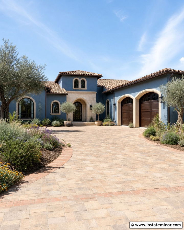 Denim Blue Mediterranean House With Warm Paver Driveway - 30 Denim Blue House Design With Driveway Ideas