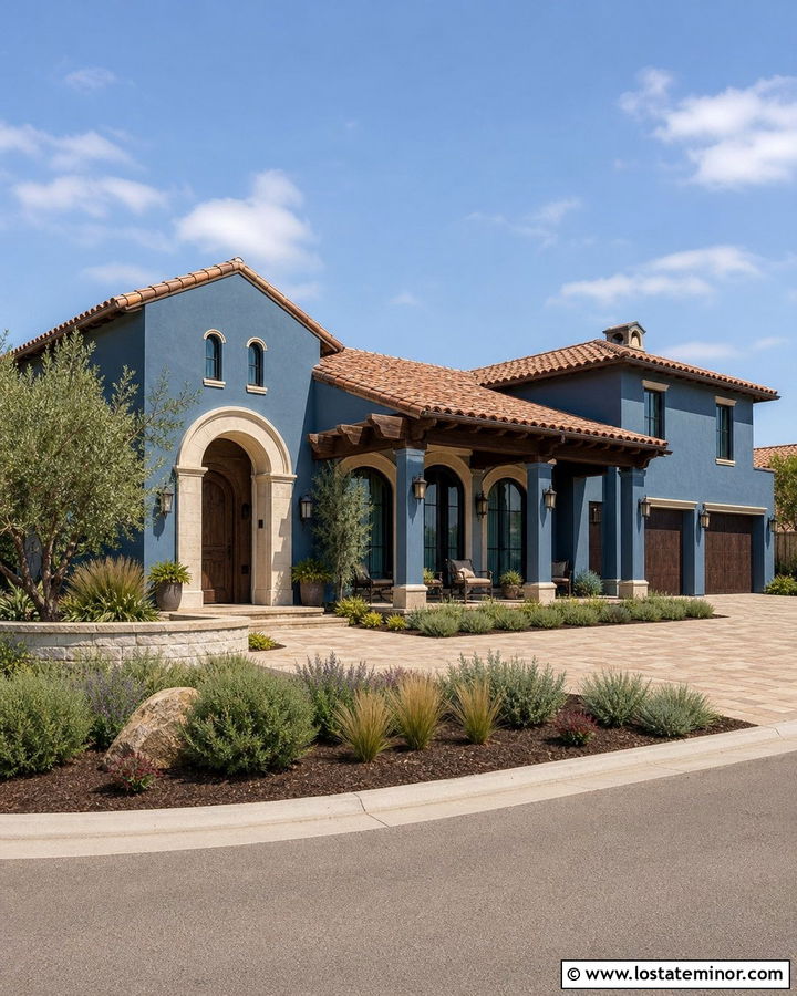 Denim Blue Mediterranean House With Wood Pergola - 30 Denim Blue House Design With Pergola Ideas