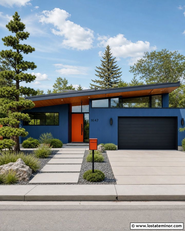 Denim Blue Mid Century House With Orange Mailbox - 30 Denim Blue House Design With Mailbox Ideas