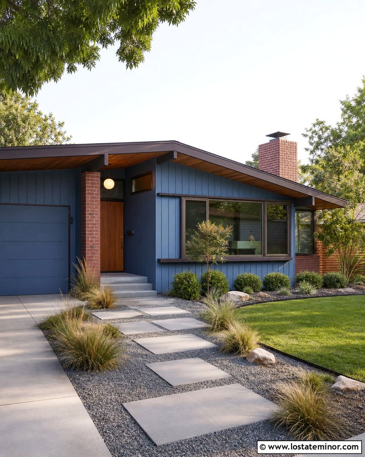 Denim Blue Midcentury House With Bronze Window Frames - 30 Denim Blue House Design With Window Frames Ideas