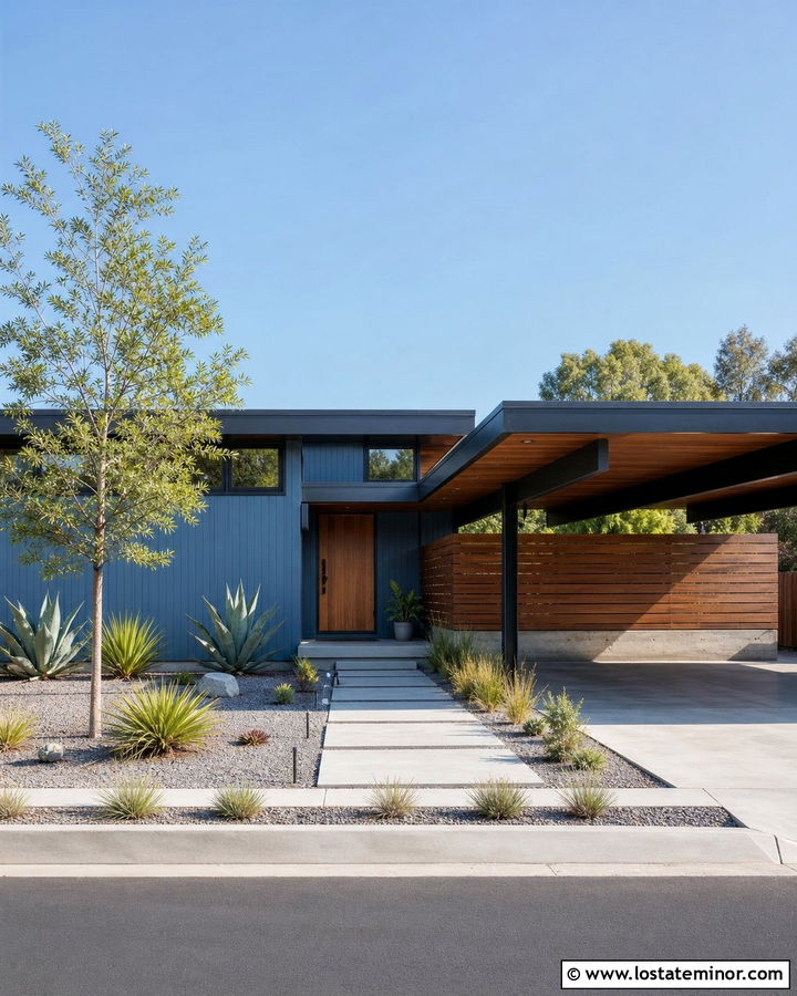 Denim Blue Midcentury House With Cantilevered Carport - 30 Denim Blue House Design With Carport Ideas