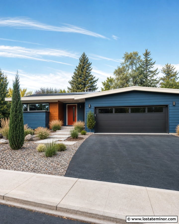 Denim Blue Midcentury House With Charcoal Asphalt Driveway - 30 Denim Blue House Design With Driveway Ideas