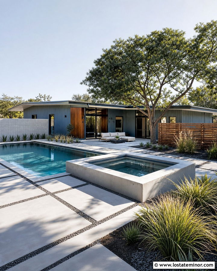 Denim Blue Midcentury House With Geometric Pool - 30 Denim Blue House Design With Swimming Pool Ideas