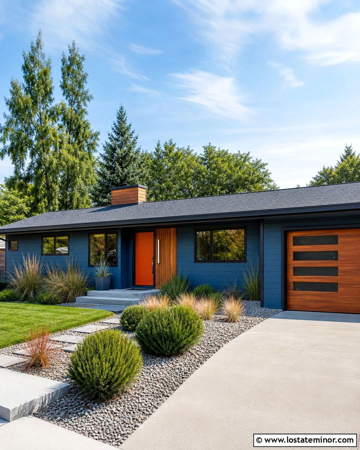 Denim Blue Midcentury House With Low Pitch Shingles - 30 Denim Blue House Design With Shingles Ideas