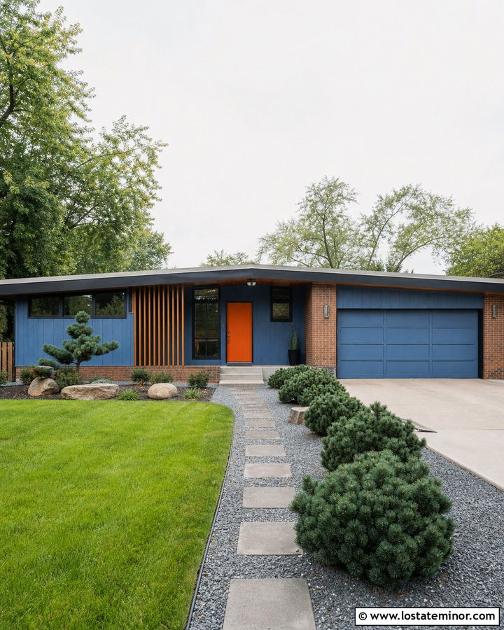 Denim Blue Midcentury House With Orange Door - 30 Denim Blue House Design With Accents Ideas