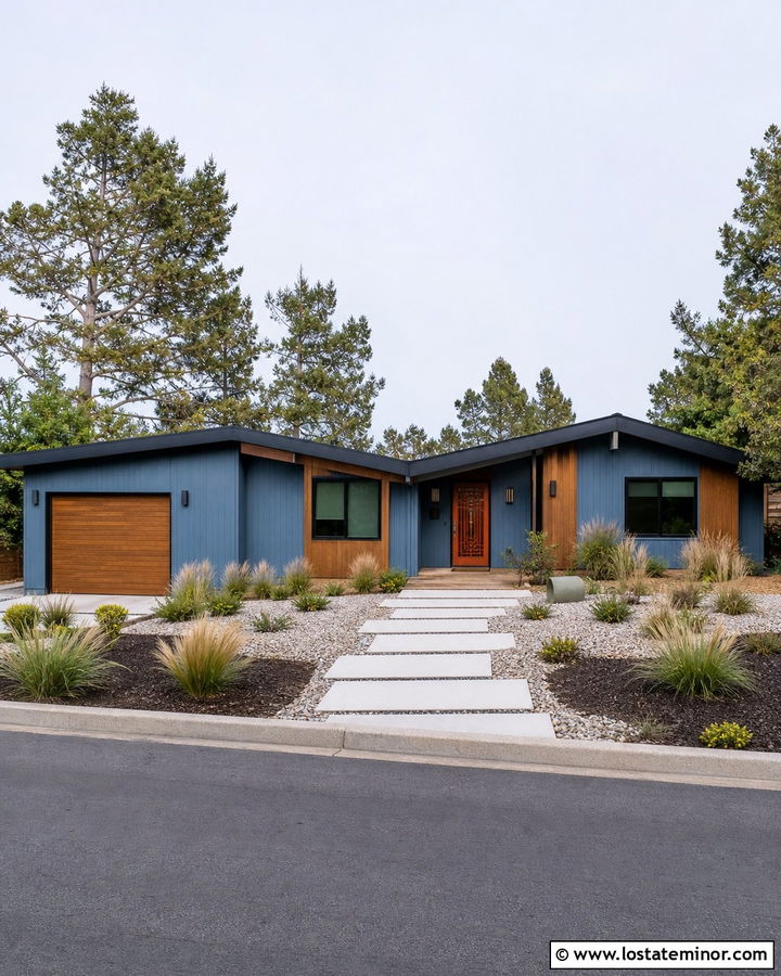 Denim Blue Midcentury House With Orange Screen Door - 30 Denim Blue House Design With Screen Door Ideas