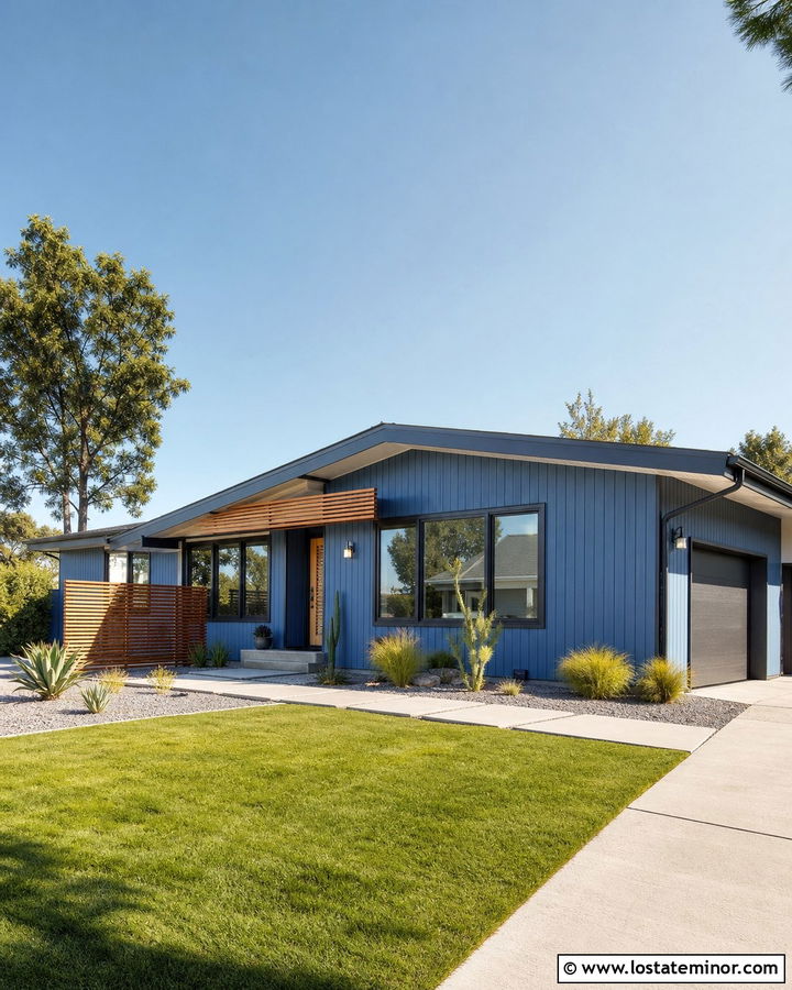 Denim Blue Midcentury House With Slatted Awning - 30 Denim Blue House Design With Awning Ideas