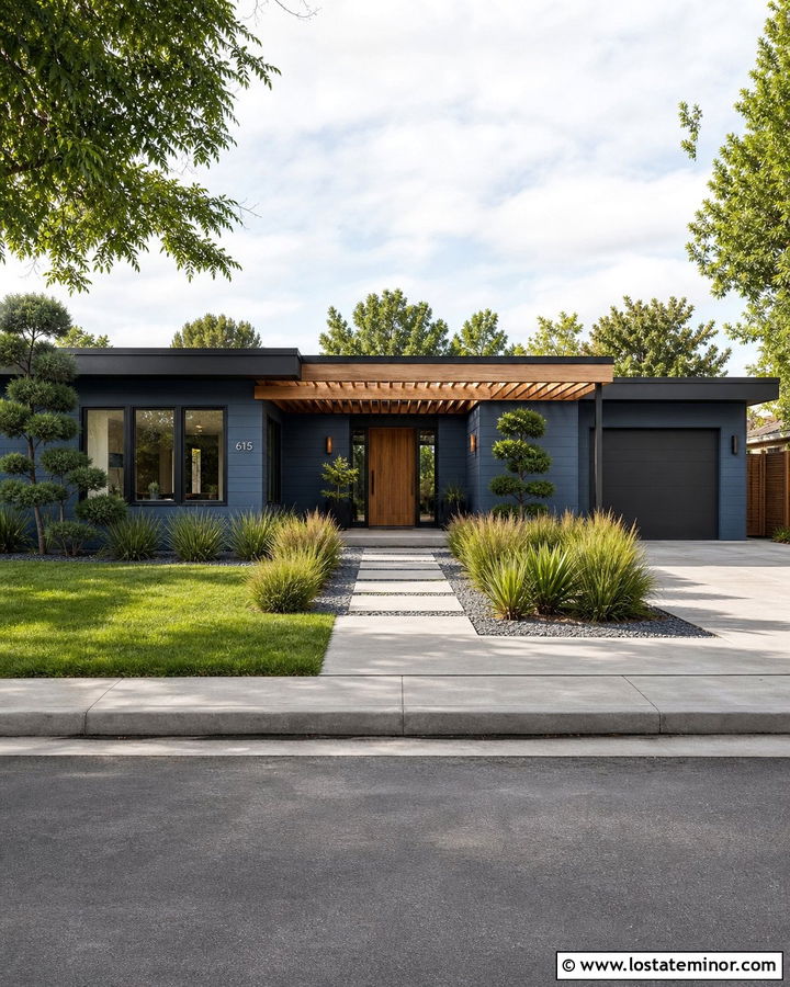 Denim Blue Midcentury House With Slatted Pergola - 30 Denim Blue House Design With Pergola Ideas