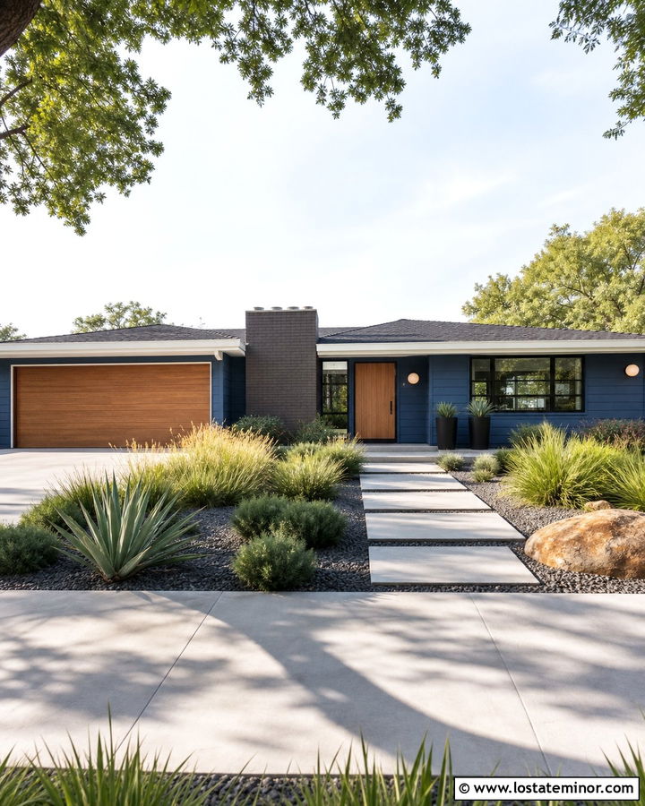 Denim Blue Midcentury Ranch With Brick Chimney - 30 Denim Blue House Design With Chimney Ideas