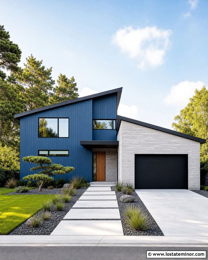 Denim Blue Minimalist House With Linear Stone - 30 Denim Blue House Design With Stone Accents Ideas