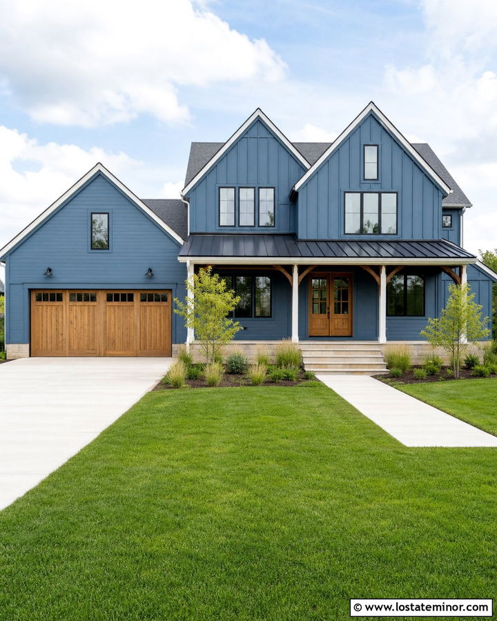 Denim Blue Modern Farmhouse With Black Porch Roof - 30 Denim Blue House Design With Front Porch Ideas