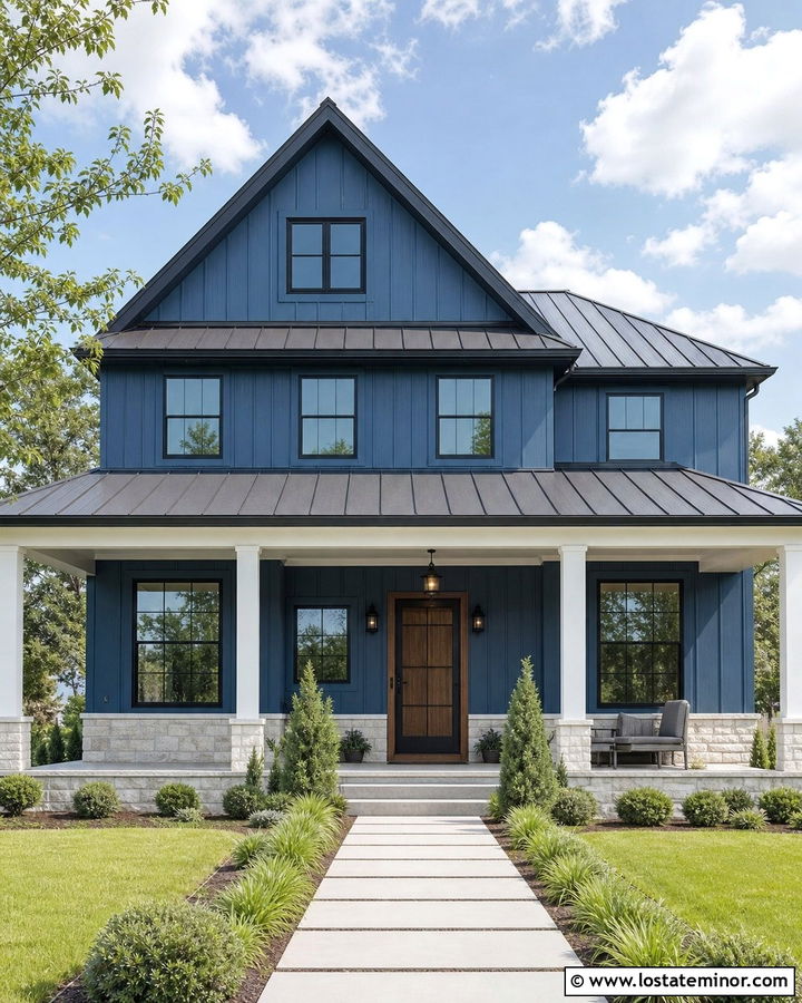 Denim Blue Modern Farmhouse With Black Screen Door - 30 Denim Blue House Design With Screen Door Ideas