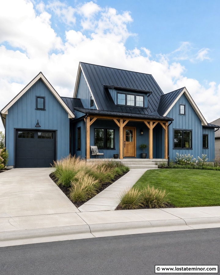 Denim Blue Modern Farmhouse With Black Window Frames - 30 Denim Blue House Design With Window Frames Ideas