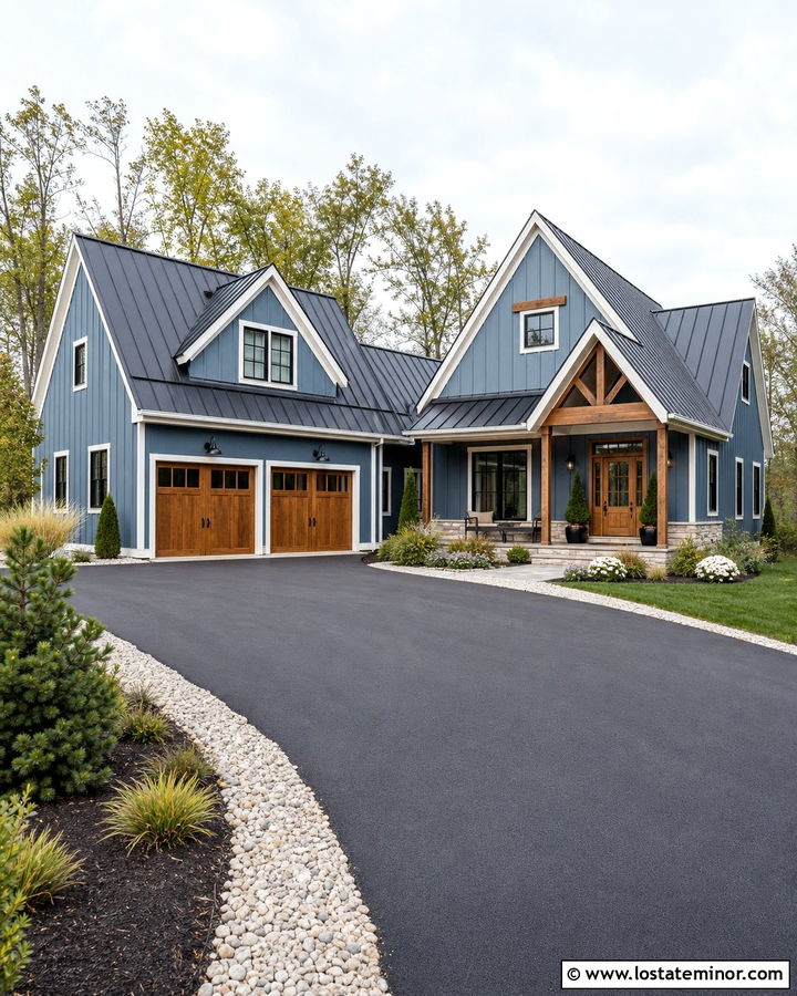 Denim Blue Modern Farmhouse With Blacktop Driveway - 30 Denim Blue House Design With Driveway Ideas