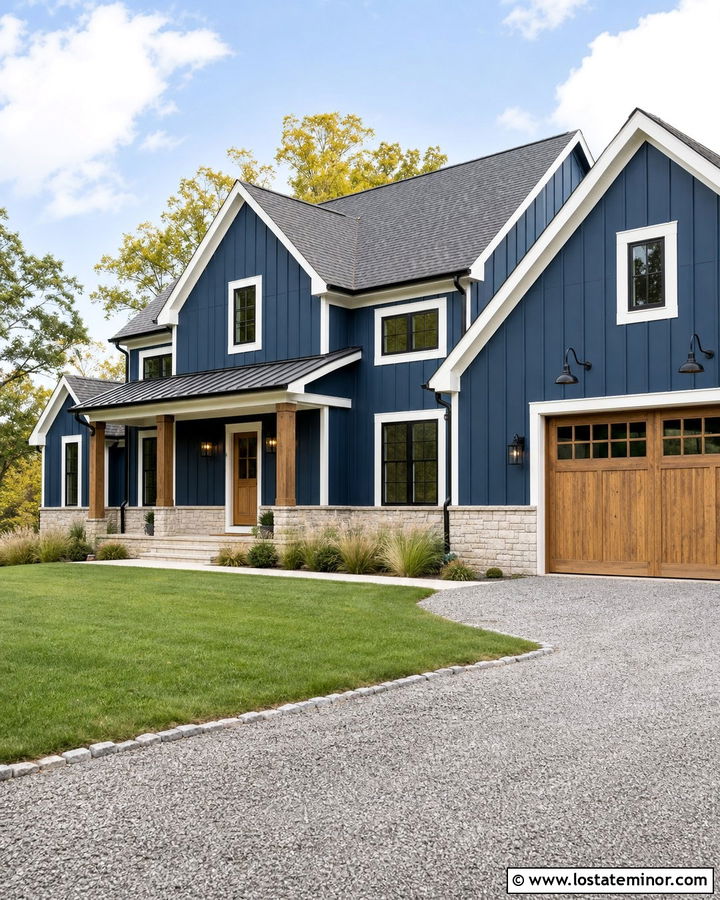 Denim Blue Modern Farmhouse With Gooseneck Lights - 30 Denim Blue House Design With Lighting Ideas