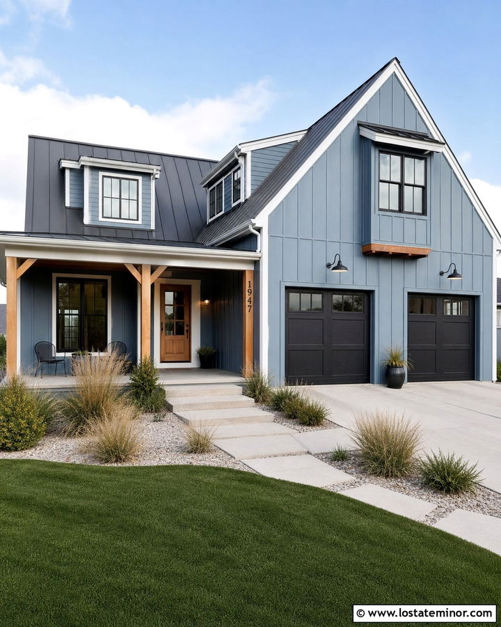 Denim Blue Modern Farmhouse With Gooseneck Lights - 30 Denim Blue House Design With Light Fixtures Ideas