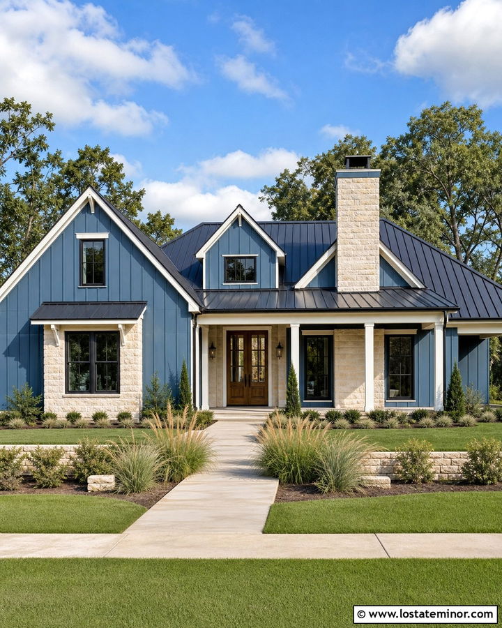Denim Blue Modern Farmhouse With Limestone - 30 Denim Blue House Design With Stone Accents Ideas