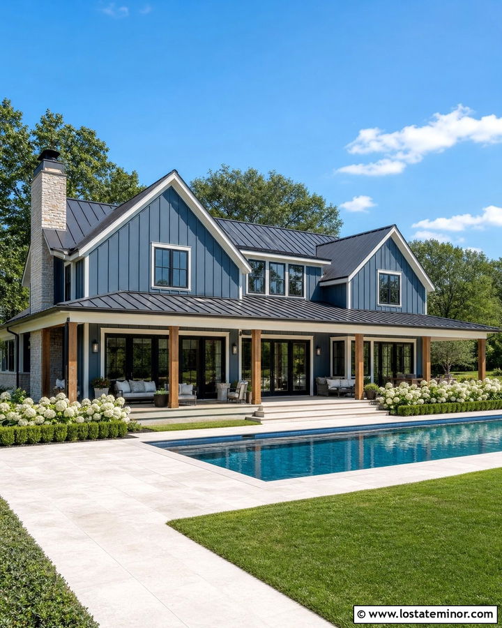 Denim Blue Modern Farmhouse With Swimming Pool - 30 Denim Blue House Design With Swimming Pool Ideas
