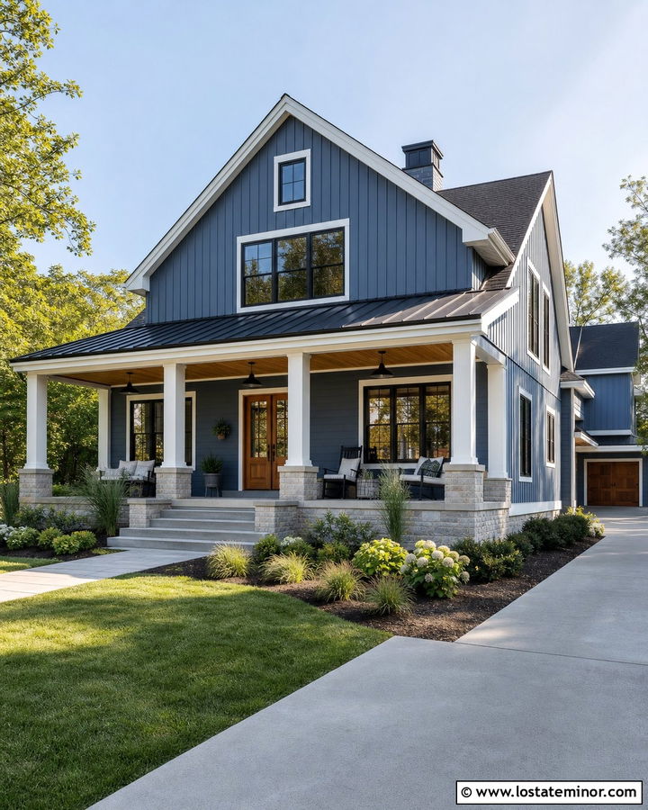 Denim Blue Modern Farmhouse With Wood Porch Ceiling - 30 Denim Blue House Design With Porch Ceiling Ideas
