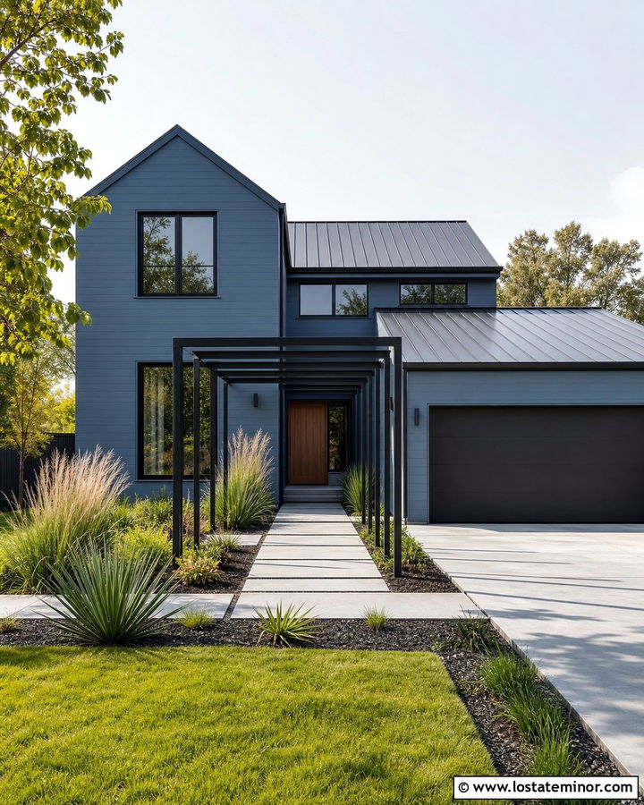 Denim Blue Modern House With Black Pergola - 30 Denim Blue House Design With Pergola Ideas