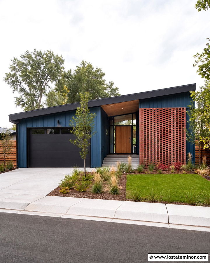Denim Blue Modern House With Brick Screen - 30 Denim Blue House Design With Brick Accents Ideas