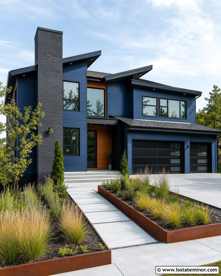 Denim Blue Modern House With Charcoal Chimney - 30 Denim Blue House Design With Chimney Ideas