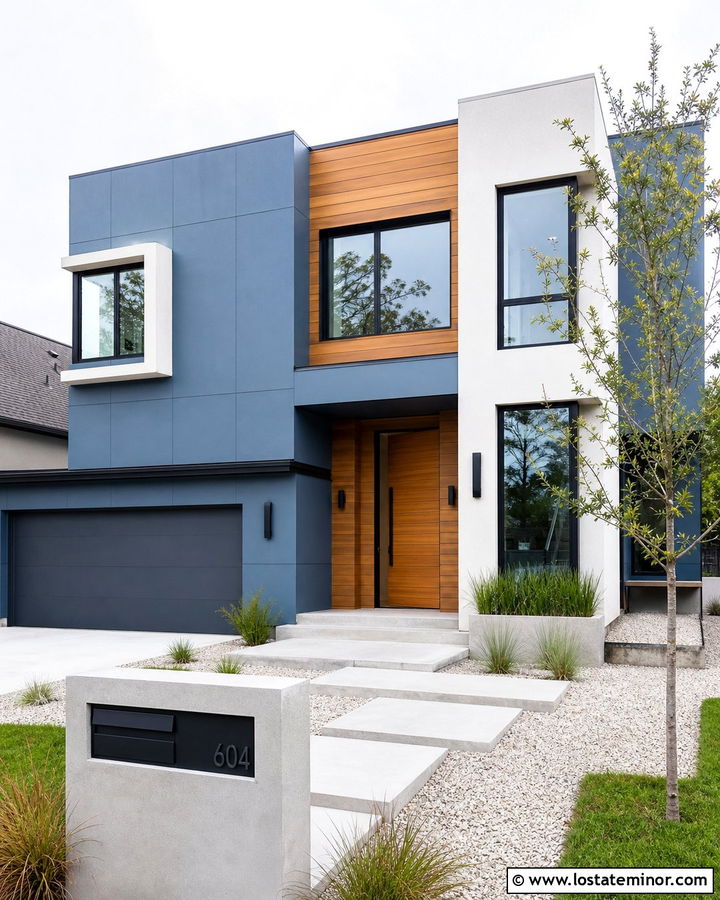 Denim Blue Modern House With Concrete Mailbox - 30 Denim Blue House Design With Mailbox Ideas
