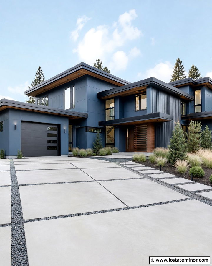 Denim Blue Modern House With Concrete Slab Driveway - 30 Denim Blue House Design With Driveway Ideas