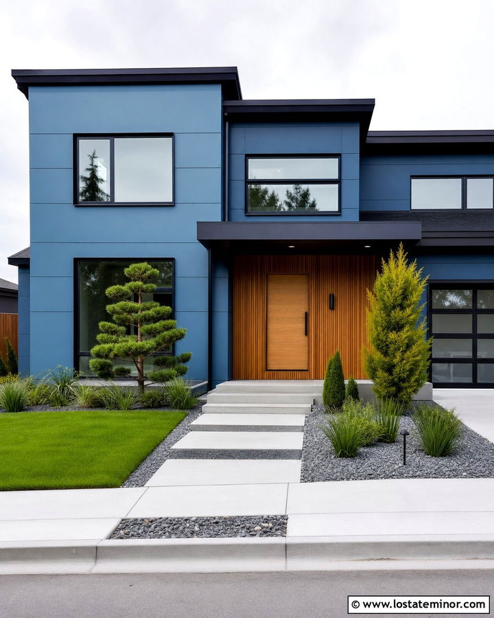 Denim Blue Modern House With Flat Awning - 30 Denim Blue House Design With Awning Ideas